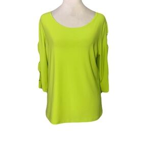 Clara Sun Woo Neon Lime Large Scoop Neck Cut Out Arms Modest Stretchy Blouse